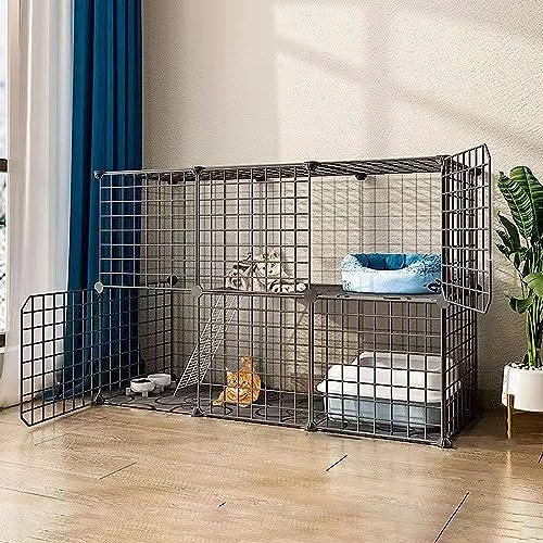 Laufgitter für Kleintiere, Katzenlaufstall, Katzenkäfige für Hauskatzen, Welpenlaufstall, 2-stöckiger Katzenkäfig für den Innenbereich, Abnehmbarer Metalldraht mit Tür (Größe: 75 x 49 x 73 c von KUENCE