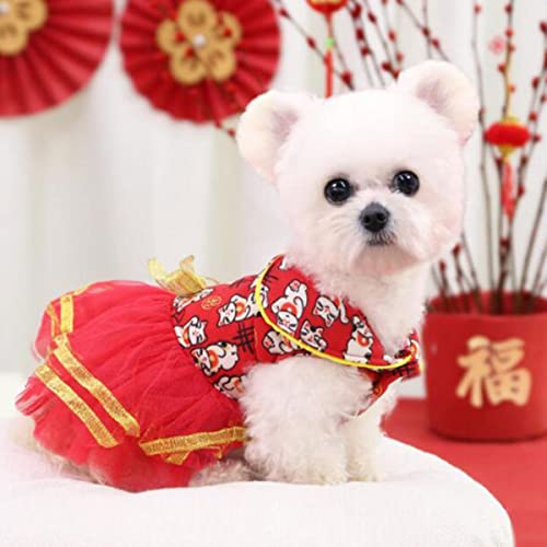 Chinesischer Tang-Anzug Hund Spitze Tüll Kleid 2021 Happy Year Hundebekleidung für kleine mittlere Hunde Kostüm Haustier Katze schöne rote Kleidung von KUGRRFRC