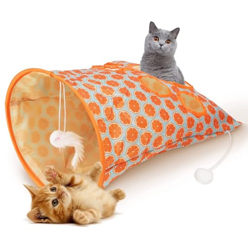 KUIDAMOS Katzenspielzeug Katzentunnel Katzentunnel-Papiertüte mit Plüschball Tunnel für Katzen mit 5 Löcher, Knittertunneltasche für Katzen, Interaktive Katze Bohrer Tasche Spielzeug (Orange) von KUIDAMOS