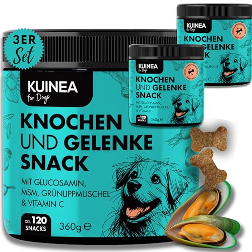 KUINEA® Gelenk Vitamine für Hunde – 3X 120 Leckerli (360g) mit Grünlippmuschel Hund, Glucosamin, MSM & Vitamin C – ohne Getreide & Zucker, Gelenk-Snack ideal für Knochen & Gelenke (360 Stück (1080g) von KUINEA