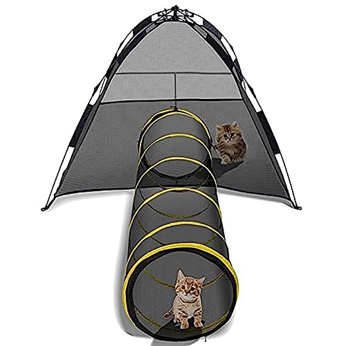 Tragbares Katzengehege mit Tunnel, 2 in 1 Outdoor Katzenzelt - Pop Up Faltbares Haustiergehege mit Tragetasche - Visuelles Netzhaus für Katze, Welpen, Kaninchen - Ein lustiger Laufstall! von KUMIAO