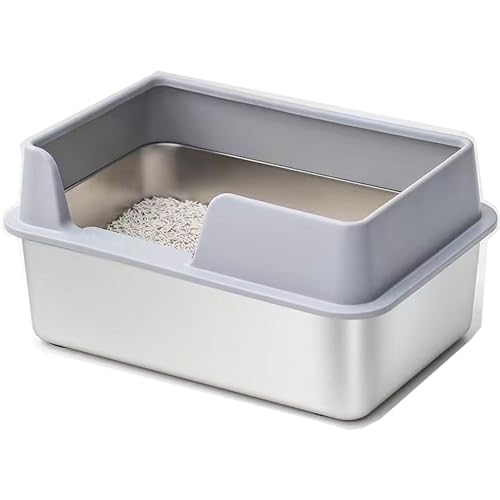 KUNWU Katzentoilette aus Edelstahl, 50,8 x 35,6 x 20,3 cm, mit Deckel, leicht zu reinigen, nimmt keinen Geruch auf, halbgeschlossene Katzentoilette mit Schaufel (Santas Gray, 50,8 x 35,6 x 20,3 cm) von KUNWU