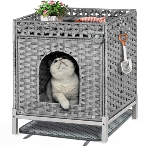 KUREEISE Katzenklo Gehege, Katzentoilette, Möbel mit Katzentoilette, handgewebtes Rattan-Katzenhaus mit Metallfüßen, 47 x 50 x 58 cm, Wohnzimmer, Schlafzimmer (grau) von KUREEISE
