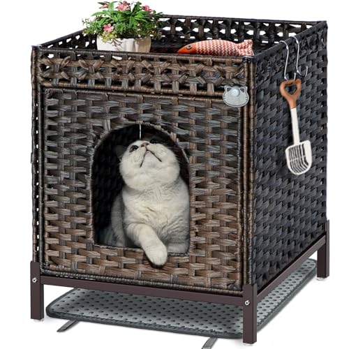 KUREEISE Katzentoiletten-Gehege, Katzentoilette, Möbel mit Katzentoilette, handgewebtes Rattan-Katzenhaus mit Metallfüßen, 47 x 50 x 58 cm, Wohnzimmer, Schlafzimmer (braun) von KUREEISE