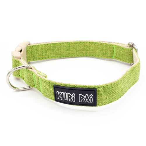 KURI PAI® Hundehalsband, Klassisches Halsband für Hunde aus weichem Hanf, sicherer Verschluss, Grün/Beige, Größe L für große Hunde von KURI PAI