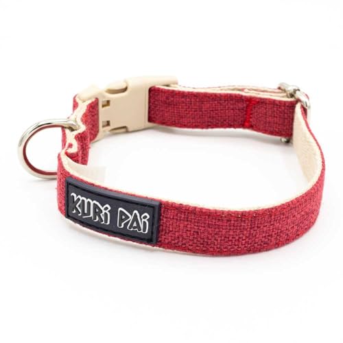 KURI PAI® Hundehalsband, Klassisches Halsband für Hunde aus weichem Hanf, sicherer Verschluss, Rot/Beige, Größe S für kleine Hunde von KURI PAI