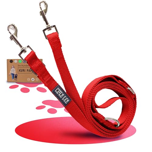 KURI PAI Komfortable Hundeleine, 3m, 3-Fach verstellbar, Führleine, Laufleine für 2 Hunde, Doppelleine, Umhängeleine, Nachhaltig aus Bambus | M (2.0cm Breit) für mittlere Hunde - Rot von KURI PAI