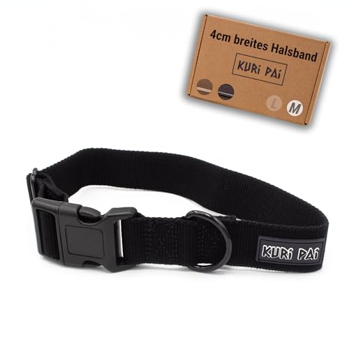 KURI PAI® Extra breites Hundehalsband, 4cm, Klassisches Halsband für Hunde aus weichem Bambus, sicherer Verschluss, Schwarz, Schwarze Metallteile, Größe M für mittlere Hunde von KURI PAI