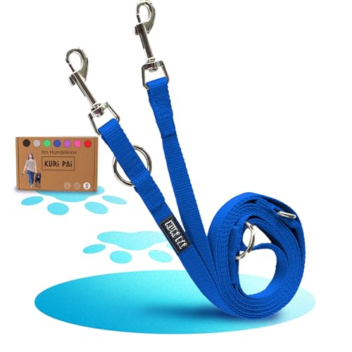 KURI PAI Komfortable Hundeleine, 3m, 3-Fach verstellbar, Führleine, Laufleine für 2 Hunde, Doppelleine, Umhängeleine, Nachhaltig aus Bambus | S (1.5cm Breit) für kleine Hunde - Blau von KURI PAI