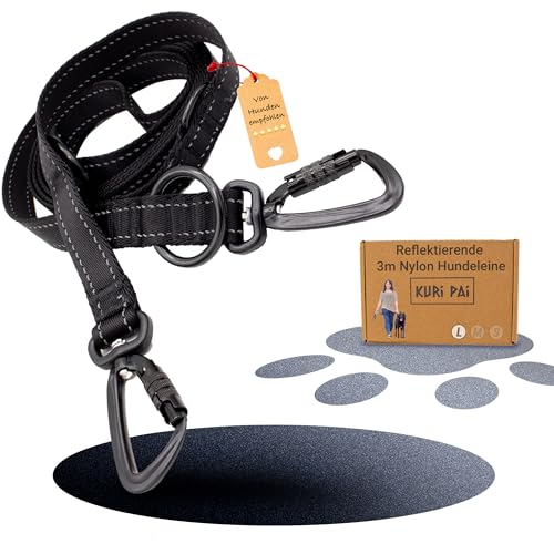 KURI PAI® Hundeleine für große Hunde aus Nylon mit Sicherheitskarabinern | Reflektierend und Wasserabweisend | Verstellbare Längen 1,50m - 2,60m, Ideal für Große und Mittelgroße Hunde (Schwarz) KURI PAI® Hundeleine für große Hunde aus Nylon mit Sicherheitskarabinern | Reflektierend und Wasserabweisend | Verstellbare Längen 1,50m - 2,60m, Ideal für Große und Mittelgroße Hunde (Schwarz) von KURI PAI