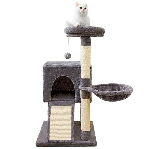 Kratzbaumturm für Hauskatzen, 87 cm, mehrstufiges Kletter- und Aktivitäts-Katzenhaus mit Hängematten, Kratzbaum, lustigem Spielzeug und Plüschsitzstangen für Kätzchen von KUviez