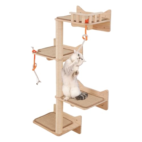 KVIDA Wand-Katzenbaum für große Katzen – 7-teiliges Set mit 3 Sisal-Kratzsäulen (34,8 cm), 3 Breiten Liegeplattformen + Aussichts-Katzenhaus – platzsparender Katzen-Wandspielplatz von KVIDA