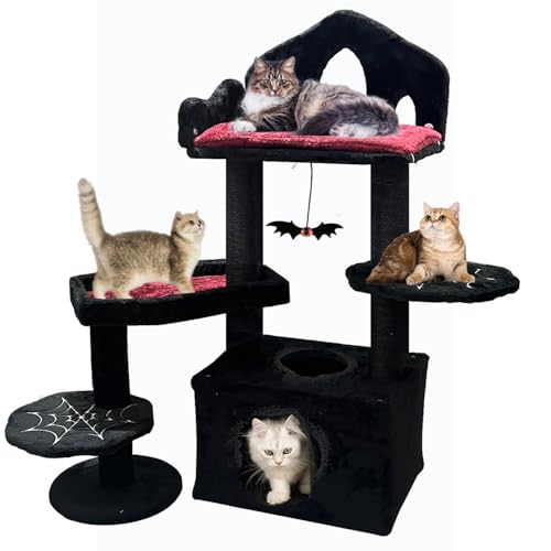 Schwarzer Gothic Katzenbaum mit Sargbett, Katzenturm mit Kratzbaum, Goth Katzenturm mit geräumiger Katzenhütte Schwarzer Katzenbaum mit Regal Thronbett, Schwarze Spinne Figur von KWOJU