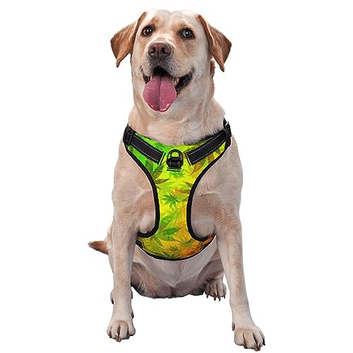Geschirr für große Hunde, kein Ziehen, verstellbare weiche Weste für große Hunde, leicht zu kontrollierendes Geschirr (Rasta-Flagge, Blätter, Grasblatt-Muster) von KWQDOZF