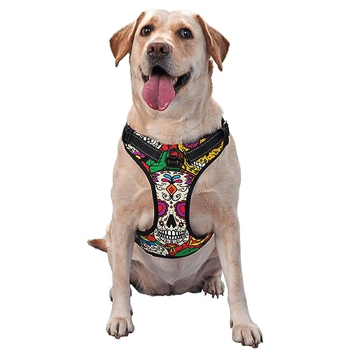 Hundegeschirr, süßes Design, weich, kein Ziehen, für kleine, große und mittelgroße Hunde (Mexikanische Zuckerschädel-Rose) von KWQDOZF