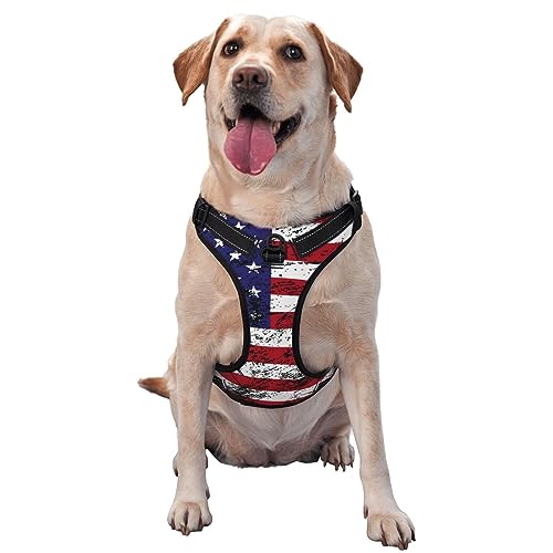 Hundegeschirr für große und mittelgroße Hunde, Anti-Zug-Serviceweste, verstellbar, für Training, Jagd und Spaziergänge (Vintage Retro Amerikanische Flagge Schwarz) von KWQDOZF