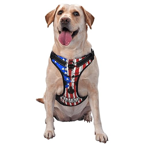 Hundegeschirr ohne Ziehen, kein Würgen, Frontleine, reflektierende, verstellbare, weiche Weste für kleine bis große Hunde (Cooler Totenkopf, amerikanische Flagge, Schwarz) von KWQDOZF