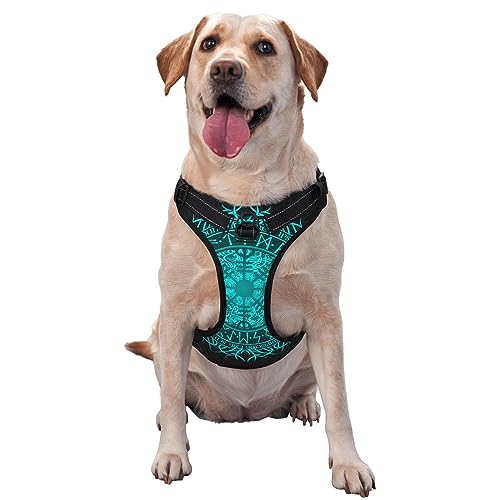 Verstellbares Haustiergeschirr-Halsband und Leinen-Set für Hunde, Welpen und Katzen, Outdoor-Training und Laufen, weiches Westengeschirr (Bue Circle Viking Vegvisir Runenkompass) von KWQDOZF