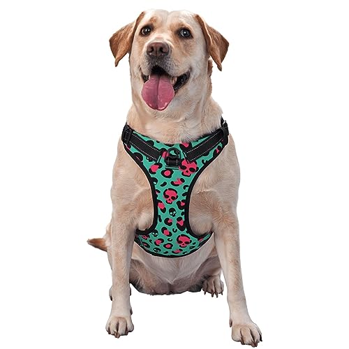 Weiches, türkis-rosa Hundegeschirr mit Leopardenmuster und Totenkopf-Motiv, atmungsaktiv, doppelte modische Weste mit verstellbarem Hals- und Brustbereich Weiches, türkis-rosa Hundegeschirr mit Leopardenmuster und Totenkopf-Motiv, atmungsaktiv, doppelte modische Weste mit verstellbarem Hals- und Brustbereich von KWQDOZF