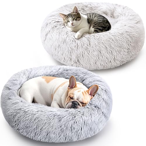 Hunde- und Katzenbett, 50,8 cm, Katzenbetten für Innenkatzen, beruhigendes Donut-Bett für Welpen und Kätzchen, waschbar, rund, flauschig, für kleine, mittelgroße Hunde und Katzen, Grau und Weiß, 2 Hunde- und Katzenbett, 50,8 cm, Katzenbetten für Innenkatzen, beruhigendes Donut-Bett für Welpen und Kätzchen, waschbar, rund, flauschig, für kleine, mittelgroße Hunde und Katzen, Grau und Weiß, 2 von KXK