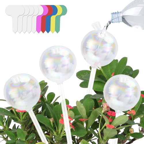 KXVXXV Bewässerungskugeln Wasserspender Pflanzen Bewässerung Zimmerpflanzen 4 Stück Glas Bunte Selbstbewässerung mit 10 Pflanzenetiketten für Garten, Balkon, Topfpflanzen, Blumen von KXVXXV