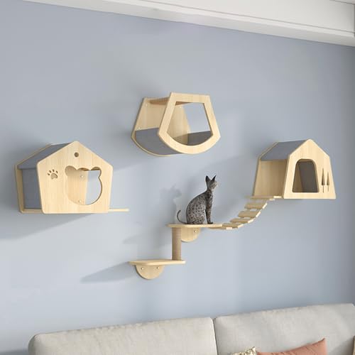Katzenwandstufen, Wand-Katzenbaum, Holz, inkl. Hausbrücke, Baumstufen für Haushalte mit mehreren Katzen (Farbe 02) von KXWDKJ