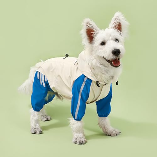 Regenjacke für Hunde, Regenmantel mit Loch für die Leine für Outdoor-Abenteuer, Spaziergänge, Weiß / Blau, Größe M von KXWDKJ
