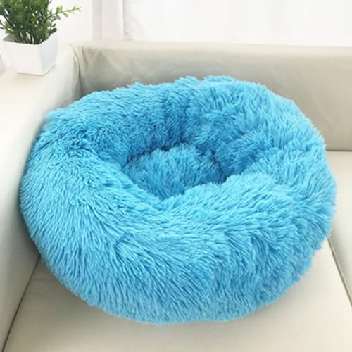 Abnehmbares Hundebett, maschinenwaschbar, weich, warm, Plüsch, rund, tiefer Schlafpolster, rutschfeste Unterseite, für Katzen, Haustiere, Kuschelhütte, 80 cm, Hellblau von KYMMPL