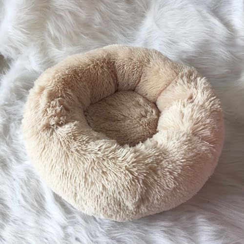 Abnehmbares Hundebett, maschinenwaschbar, weich, warm, Plüsch, rund, tiefer Schlafpolster, rutschfeste Unterseite, für Katzen, Haustiere, kuschelig, 110 cm, Beige von KYMMPL