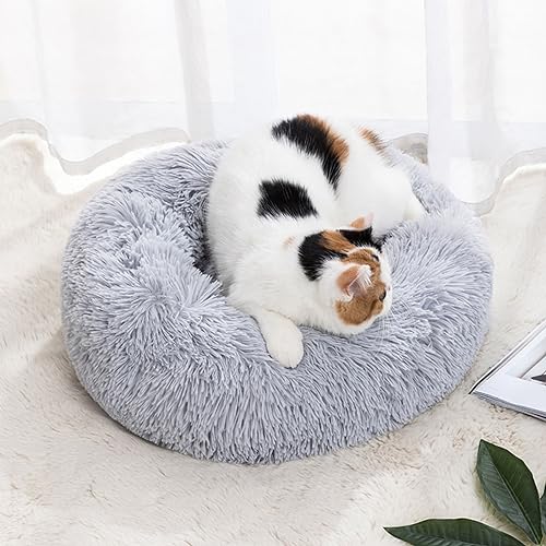 Haustierhütte, rund, Donut-Form, flauschig, warm, Plüsch, Katze, Kätzchen, Kuschelbett, rutschfest, Anti-Angst, für kleine und mittelgroße Hunde (60 cm, grau) von KYMMPL