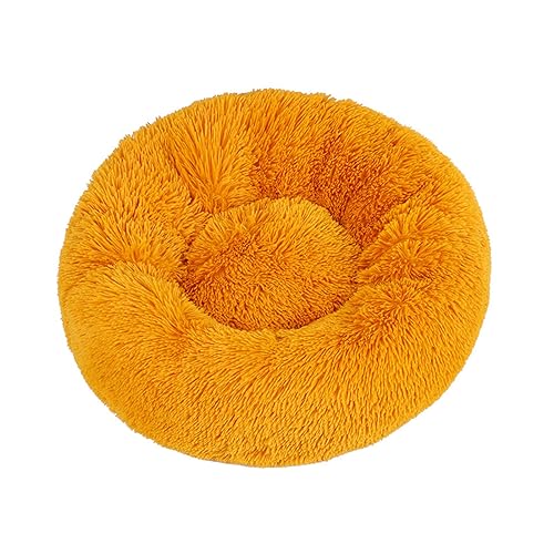 KYMMPL Flauschiges Donut-Hundebett, langes Plüsch, beruhigendes Katzenbett, rundes Kuschelbett mit rutschfester Unterseite, Anti-Angst-Haustierbett (120 cm, gelb) von KYMMPL