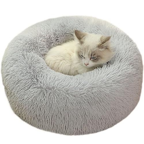 KYMMPL Flauschiges Donut-Hundebett, langes Plüsch, beruhigendes Katzenbett, rundes Kuschelbett mit rutschfester Unterseite, Anti-Angst-Haustierbett (120 cm, grau1) von KYMMPL