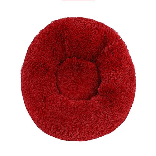 KYMMPL Flauschiges Donut-Hundebett, langes Plüsch, beruhigendes Katzenbett, rundes Kuschelbett mit rutschfester Unterseite, Anti-Angstzustände, Haustierbett (100 cm, rot) von KYMMPL