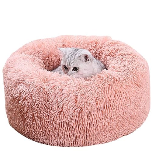 KYMMPL Rundes Donut-Bett für Katzen und Hunde, waschbar, weich, warm, Plüsch-Fleece, flauschig, beruhigend, für kleine und mittelgroße Katzen, für alle Jahreszeiten, 55 cm, Rosa von KYMMPL