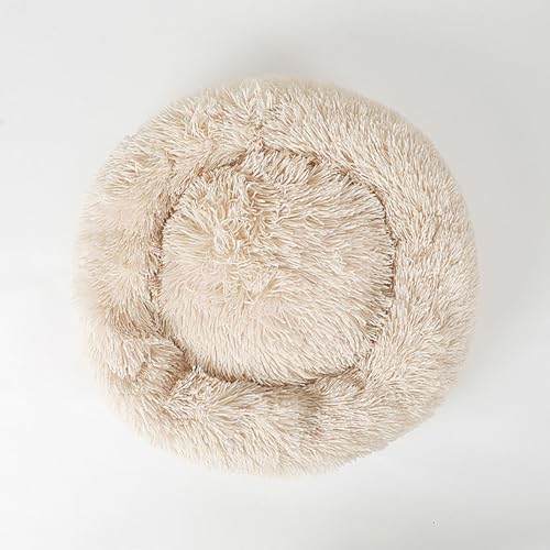 Rundes Plüsch-Katzenbett, maschinenwaschbar, Haustiermatte, Winter, warm, tiefer Schlaf, rutschfeste Unterseite, flauschige Hundehütte, Hundebett, Haustierbedarf (70 cm, Beige) von KYMMPL