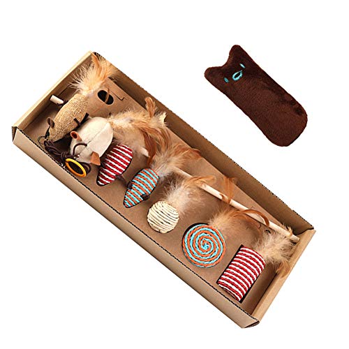 croselyu Funny Cat Rod 7-teiliges Set, Funny Cat Rod Interactive Training, Hanfseil, Funny Cat Rod, Fun Feather Cat Toy Gift Box, Natural Solid Wood Linen Material, 1 Set (rosa) von croselyu