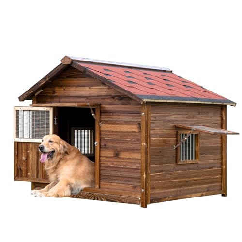 Extra große Hundehütte Outdoor aus massivem Kiefernholz, warme Hundehütte, Hundehütte mit erhöhtem Boden für große Hunde, (Holz, 2XL) von KZLAA