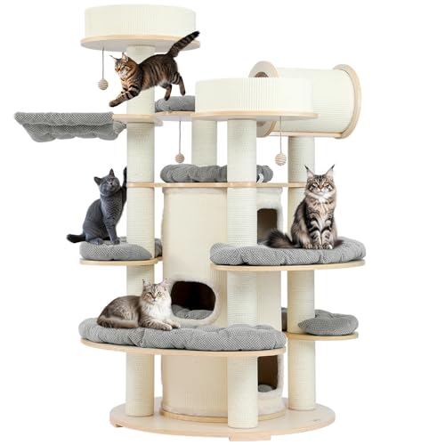 KZLAA Moderner Katzenturm für den Innenbereich, mehrstöckiger Holzbaum für Heimdekoration, luxuriöser Katzenbaumturm mit hängendem Katzenspielzeug, riesige Katzenhütte für mehrere Katzenfamilien, 170 von KZLAA