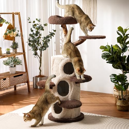 KZLAA Moderner Kratzbaum aus Holz mit 3 Ebenen, luxuriöser Katzenturm für Heimdekoration, große Katzenhütte für mehrere Katzenfamilien, 137 cm von KZLAA