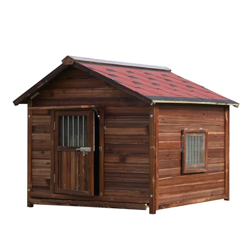 Outdoor Hundehütte Wetterfest mit Fenster, Luxus Massivholz Hundehütte Kiefer für mittelgroße Hunde, Warme Hundehütte mit erhöhtem Boden, XL von KZLAA