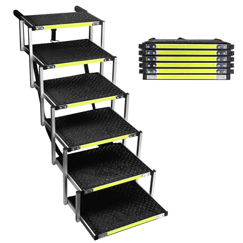 Robuster 6-stufiger Aluminiumrahmen Hundetreppe mit 1680D PVC-Gewebe – rutschfest, leicht und tragbar – ideal für Auto, SUV, LKW-Zugang – Schwarz (106 x 80 x 43 cm) von KZYZZFRID