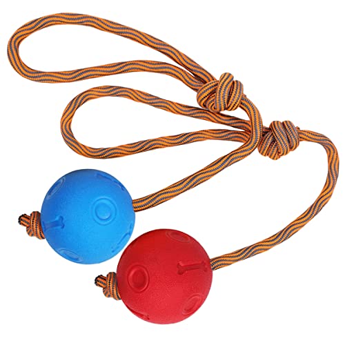 Hundeball mit Schnur, 2 Stück Wurfball mit Seil, Langlebig, Weich und Elastisch Vollgummiball für Agilität und Extrem Weite Würfe, Fangen und Ziehen des Krieges (5 cm, Blau + Rot) von Kacouni