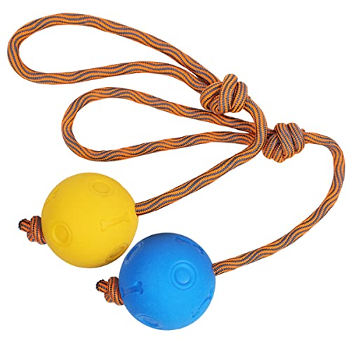 Hundeball mit Schnur, 2 Stück Wurfball mit Seil, Langlebig, Weich und Elastisch Vollgummiball für Agilität und Extrem Weite Würfe, Fangen und Ziehen des Krieges (7 cm, Blau + Gelb) von Kacouni