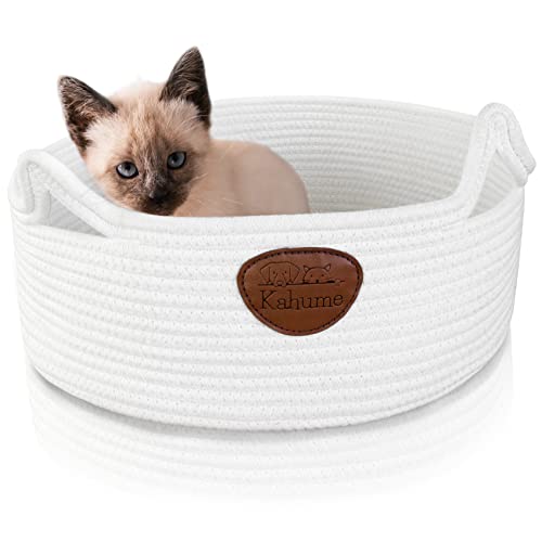 Katzenbett waschbar, Katzenkorb zum Schlafen aus Baumwollseilen, ECO Katzenkörbchen, Hundebett Korb geflochten, Bett für Katzen, Schlafplatz Liegeplatz Bettchen Haustierbett Körbchen Cat Bed weiß von Kahume