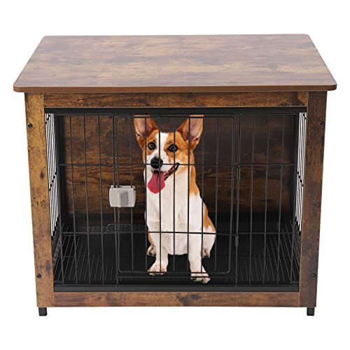 Kaichenyt Hundekäfig, Holz Hundehaus Indoor Hundebox mit Stahlmaschendraht Vintage Hundehaus Tierkäfig für mittelgroße Hunde Maximale Tragfähigkeit 66kg von Kaichenyt