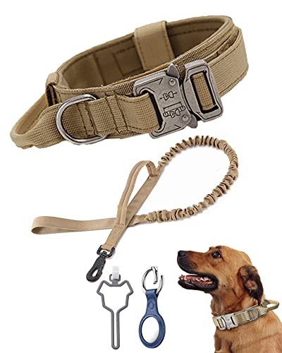 Taktisches Hundehalsband mit Bungee-Hundeleine, verstellbares Hundehalsband mit Kontrollgriff und Schwermetallschnalle, K9 Halsband für mittelgroße und große Hunde (L, braunes Set (Halsband + Leine)) von Kaizernek