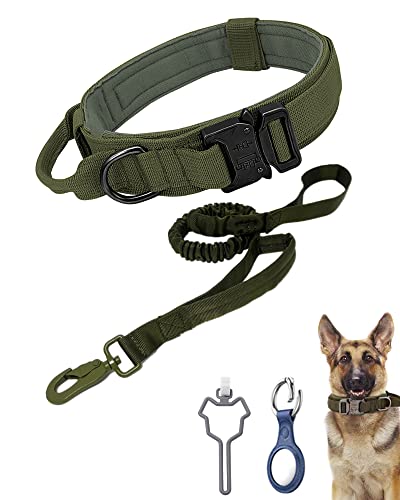 Taktisches Hundehalsband mit Leine, Set, verstellbares Hundehalsband mit Kontrollgriff und Schwermetallschnalle, K9 Halsband für mittelgroße und große Hunde (XL, militärgrünes Set (Halsband + Leine)) von Kaizernek