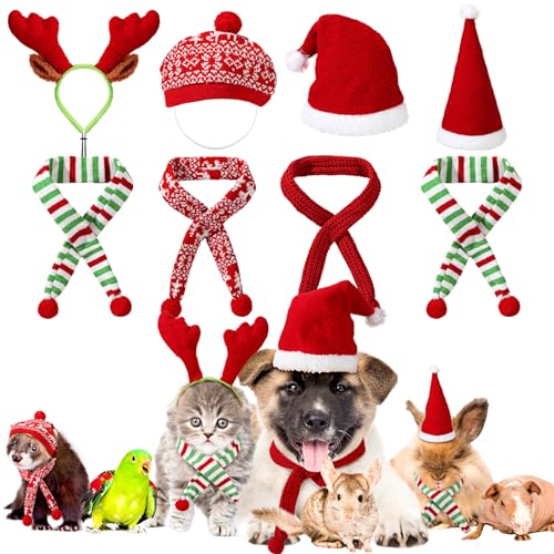 Kajaia 8 Pcs Xmas Hund Weihnachten Outfits Hund Weihnachten Rentier Elch Geweih Stirnband Kostüme Haustier Weihnachtsmütze Urlaub Weiß Rot und Grün Gestreiftes Schal Set für Hunde und Katzen Zubehör von Kajaia
