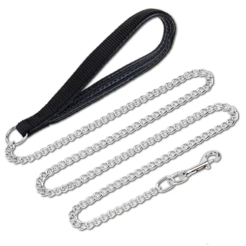 PETTOM Hundeleine Stark Metall Kettenleine, Übungsleine mit PU Leder und Gepolstertem Nylon-Griff, Trainingsleine Für Kleine Mittlere und Große Hunde (L: 0.4cm*180cm) Silber von PETTOM