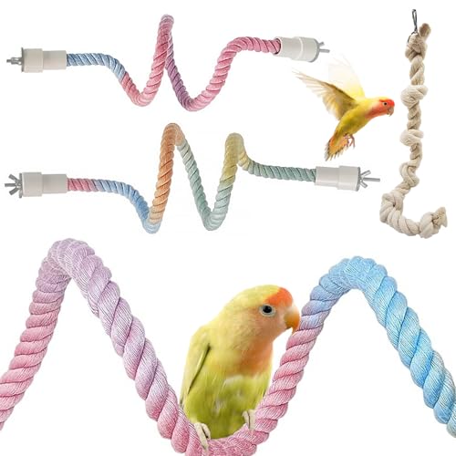 Papagei Kletterseil, Spirale Sitzstange, 2-teiliges Vogelsitzstangen-Set mit Farbverlauf, Reine Baumwolle, Baumwolle Schaukel für Papagei Wellensittich Nymphensittiche Sittiche von Kakveiai